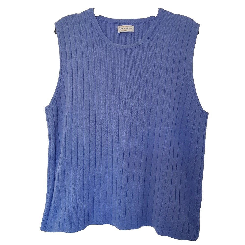 Yarnworks Women Sleeveless Ribbed Knit Top Periwinkle Blue Crew Neck Tank L